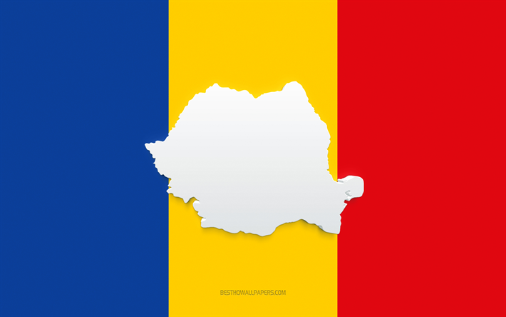 Silhouette de carte de Roumanie, drapeau de la Roumanie, silhouette sur le drapeau, Roumanie, silhouette de carte de Roumanie 3d, drapeau de Roumanie, carte 3d de Roumanie