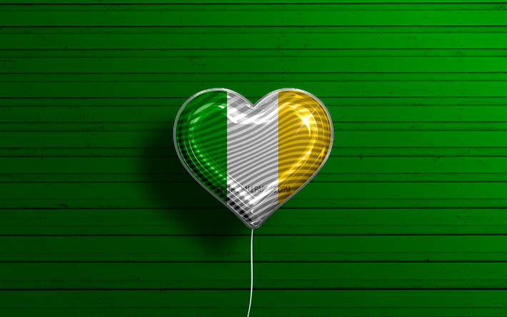 I Love Offaly, 4k, realistic balloons, green wooden background, Day of Offaly, irish counties, flag of Offaly, Ireland, balloon with flag, Counties of Ireland, Offaly flag, Offaly