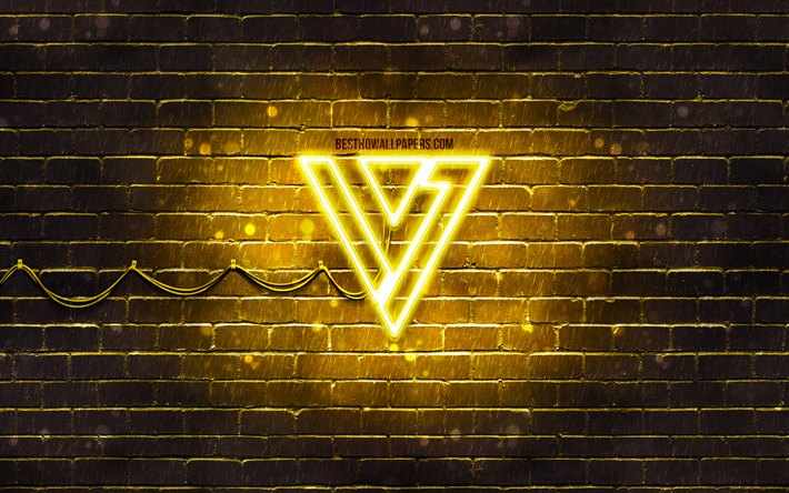 Seventeen logo giallo, 4k, K-pop, star della musica, muro di mattoni giallo, logo Seventeen, marchi, K-Pop Boy Band, Seventeen logo neon, Seventeen