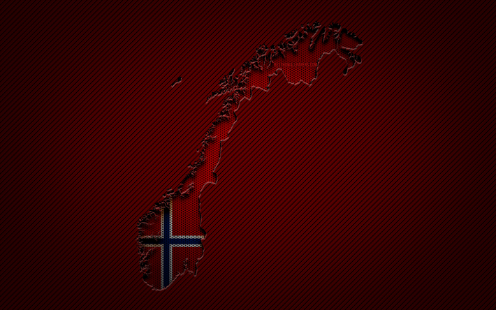 ノルウェーの地図, 4k, ヨーロッパ諸国, ノルウェーの旗, 赤い炭素の背景, ノルウェーの地図のシルエット, ノルウェー国旗, ヨーロッパ, ノルウェー
