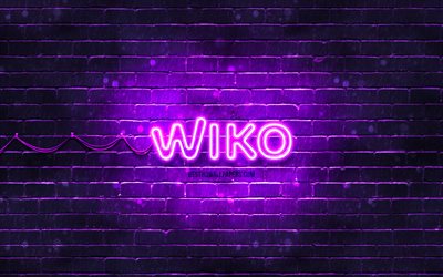 Logo violet Wiko, 4k, mur de briques violet, logo Wiko, marques, logo n&#233;on Wiko, Wiko