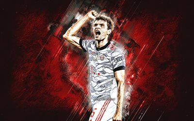 Thomas Muller, FC Bayern M&#252;nchen, saksalainen jalkapalloilija, muotokuva, punainen kivi tausta, Bundesliiga, Saksa, jalkapallo