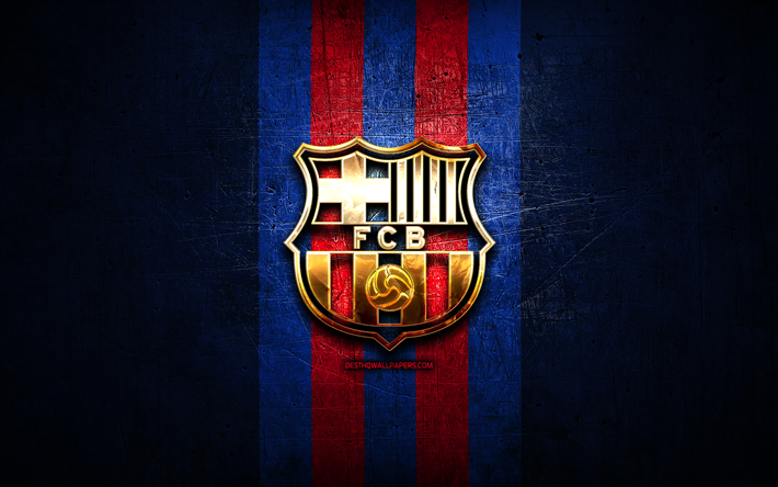 FC Barcelona Basquet, golden logo, ACB, blue metal background, spanish basketball team, FC Barcelona Basquet logo, basketball, Barcelona Basquet