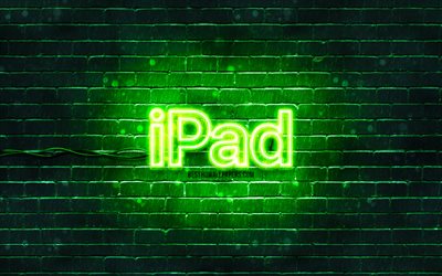 iPadの緑のロゴ, 4k, 緑のレンガの壁, iPadのロゴ, アップルipad, お, iPadのネオンロゴ, IPad