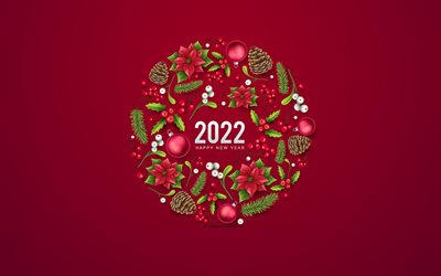 Happy New Year 2022, 4k, red background, Christmas wreath, 2022 New Year, 2022 concepts, 2022 red christmas background, 2022 circle christmas element, 2022 Christmas greeting card