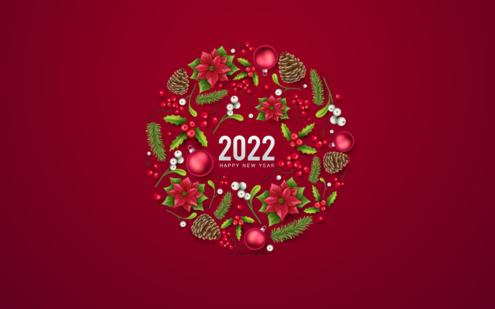 Felice Anno Nuovo 2022, 4k, sfondo rosso, ghirlanda di Natale, 2022 Capodanno, 2022 concetti, 2022 sfondo rosso di natale, 2022 cerchio elemento di natale, 2022 biglietto di auguri di Natale