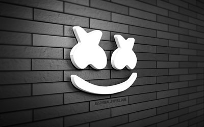 Marshmello 3D logo, 4K, Christopher Comstock, gray brickwall, creative, music stars, Marshmello logo, american DJs, 3D art, DJ Marshmello logo, DJ Marshmello