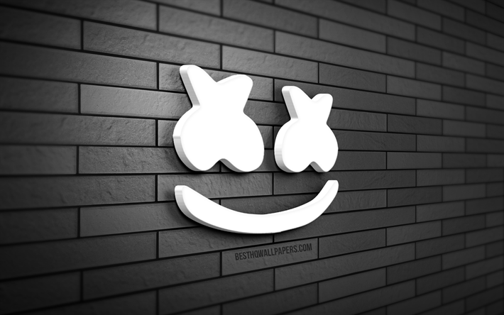 Marshmello 3D-logo, 4K, Christopher Comstock, harmaa tiilisein&#228;, luova, musiikkit&#228;hdet, Marshmello-logo, amerikkalaiset DJ:t, 3D-taide, DJ Marshmello-logo, DJ Marshmello