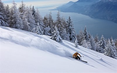 downhill skiing, skiing, mountain, snow, winter
