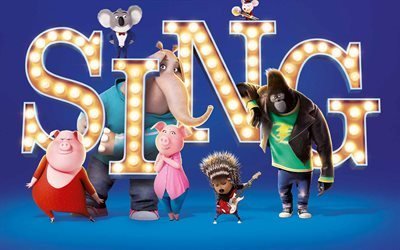 singen, 2016 film, poster, zeichen, 3d-animation