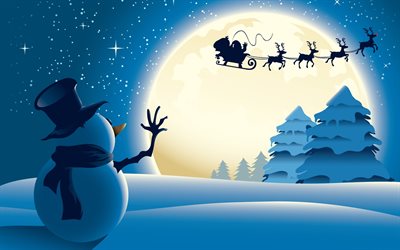 inverno, boneco de neve, Ano Novo, Papai Noel, chicote, veado, tren&#243;, noite, floresta, neve