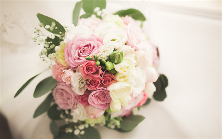 wedding bouquet, pink roses, eustoma, beautiful flowers