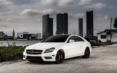 Mercedes CLS550, blanc berline de luxe, voitures allemandes, le r&#233;glage, les CLS, le bronze, les roues, les roues Avant Garde