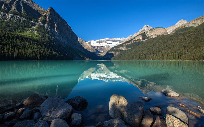 4k, Lake Louise, yaz, Banff, dağlar, Alberta, Banff Ulusal Parkı, Kanada