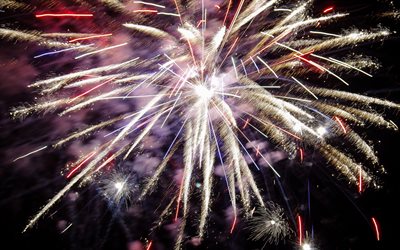 fireworks, 4k, New Year, explosion, lights, night sky