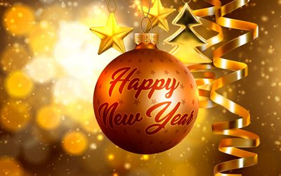 Happy New Year, 2018, golden silk ribbons, Christmas ball, evening