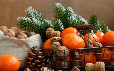 mandarins, New Year, cones, New Year decoration, fruit, citrus