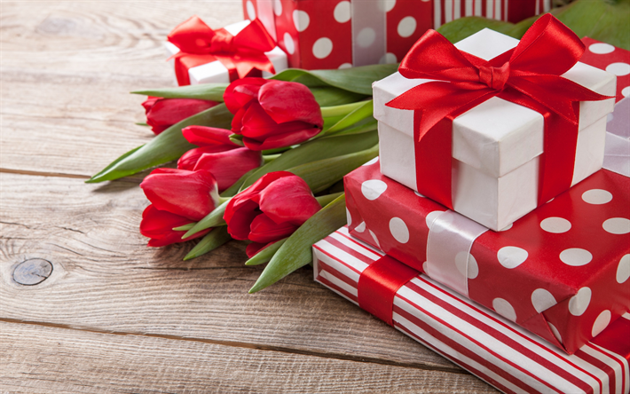 El D&#237;a de san valent&#237;n, regalos, cintas de seda roja, tulipanes rojos, mo&#241;o rojo