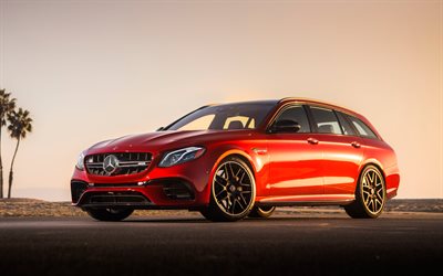 Mercedes-AMG E63 S Wagon, 2018, 4k, punainen tila-auto viistoper&#228;, tuning, Saksan uusien autojen, Mercedes