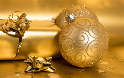 New Year, golden gift, Christmas balls, gold bow, decorations