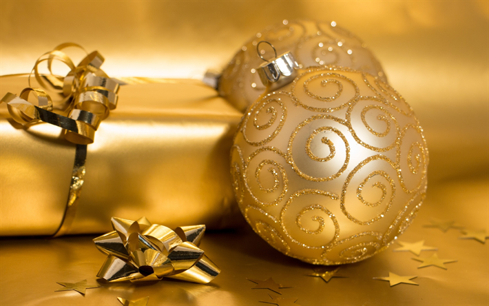 Yeni Yıl, altın hediye, Noel topları, altın yay, dekorasyon