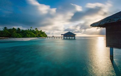 4k, Maldives, sunset, summer, sea, resort, Asia
