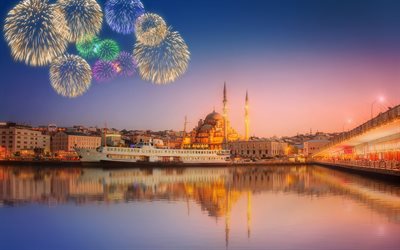 Istanbul, New Mosque, Turkey, Walide Sultan Mosque, fireworks, Black Sea, sunset