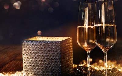 Nuovo Anno 2018, di sera, champagne, occhiali, oggettistica, candele