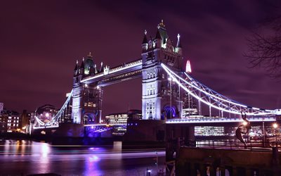 Tower Bridge, Londres, Inglaterra, noite, Thames, Reino Unido, atra&#231;&#227;o tur&#237;stica, Marcos de londres