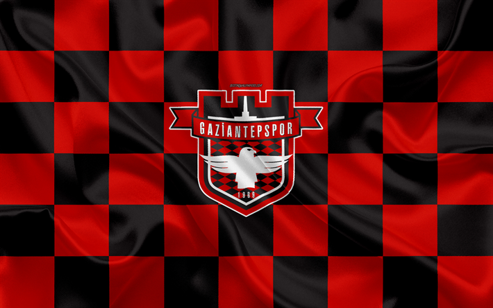 Gaziantepspor, Gazisehir Gaziantep FK, 4k, logo, creative art, red black checkered flag, Turkish football club, Turkish 1 Lig, emblem, silk texture, Gaziantep, Turkey, football