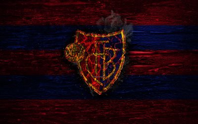 Basel FC, fire logo, Switzerland Super League, red and blue lines, swiss football club, grunge, football, soccer, Basel logo, wooden texture, Switzerland
