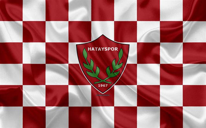 Hatayspor, 4k, logo, creative art, tumma punainen valkoinen ruudullinen lippu, Turkkilainen jalkapalloseura, Turkin 1 Lig, tunnus, silkki tekstuuri, Hatay, Turkki, jalkapallo