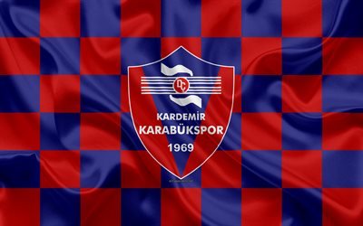 Kardemir Karabukspor, 4k, logo, art cr&#233;atif, bleu, rouge du drapeau &#224; damier, club de Football turc, turc 1 Lig, embl&#232;me de la, soie, texture, Karabuk, Turquie, football