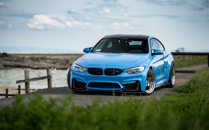 BMW M4, 2018, M Package, exterior, blue sports coupe, tuning M4, German sports cars, BMW