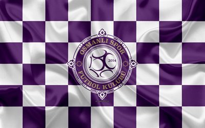 Osmanlispor, 4k, logo, creative art, violetti valkoinen ruudullinen lippu, Turkkilainen jalkapalloseura, Turkin 1 Lig, tunnus, silkki tekstuuri, Ankara, Turkki, jalkapallo