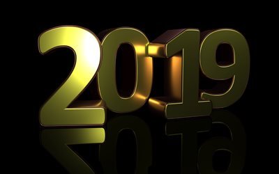 2019 3D golden digits, 4k, black background, Happy New Year 2019, 3D digits, 2019 concepts, 2019 on black background, 2019 year digits