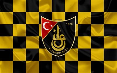 Istanbulspor AŞ, 4k, logo, arte criativa, amarelo preto bandeira quadriculada, Turco Futebol clube, Turco 1 Lig, emblema, textura de seda, Istambul, A turquia, futebol