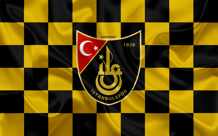 İstanbulspor, 4k, logo, yaratıcı sanat, sarı siyah damalı bayrak, T&#252;rk Futbol Kul&#252;b&#252;, T&#252;rkiye 1 Lig, amblem, ipek doku, İstanbul, T&#252;rkiye, Futbol