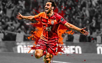 Sinan Gumus, 4k, bagno turco giocatore di calcio, Galatasaray, l&#39;attaccante, di colore rosso arancione schizzi di vernice, arte creativa, Turchia, calcio