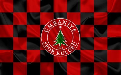 Umraniyespor, 4k, logo, art cr&#233;atif, rouge noir drapeau &#224; damier, club de Football turc, turc 1 Lig, l&#39;embl&#232;me, la texture de la soie, d&#39;Istanbul, Turquie, football