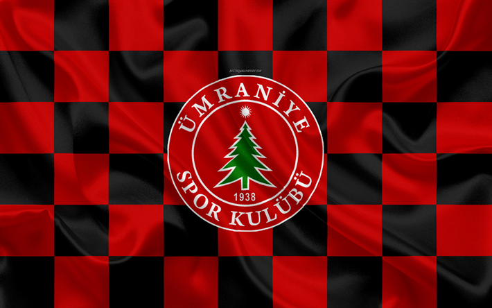 Umraniyespor, 4k, logo, creative art, red black checkered flag, Turkish Football club, Turkish 1 Lig, emblem, silk texture, Istanbul, Turkey, football