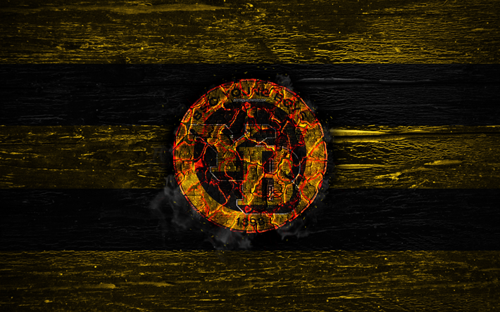 Young Boys FC, fire logo, Switzerland Super League, yellow and black lines, swiss football club, BSC Young Boys, grunge, football, soccer, Young Boys logo, wooden texture, Switzerland