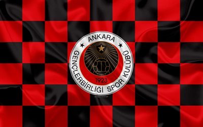 Genclerbirligi SK, 4k, logo, art cr&#233;atif, rouge noir drapeau &#224; damier, club de Football turc, turc 1 Lig, embl&#232;me de la, soie, texture, Ankara, Turquie, football