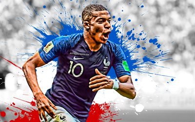 Kylian Mbappe, 4k, Fransız bayrağı, FFF, grunge, Fransa Milli Takımı, Mbappe, futbol yıldızları, futbol, futbolcular, lekeler, Fransız futbol takımı