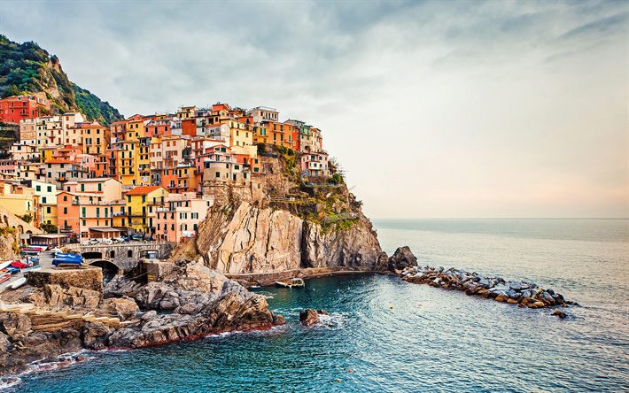 Manarola, Cinque Terre, Italy, old italian city, resort, Mediterranean sea, seascape, coast