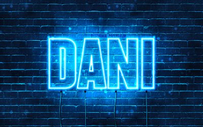 Dani, 4k, pap&#233;is de parede com nomes, nome de Dani, luzes de n&#233;on azuis, Feliz Anivers&#225;rio Dani, nomes masculinos holandeses populares, foto com o nome de Dani