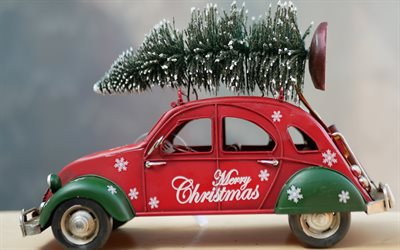 Merry Christmas, Happy New Year, car with a tree on the roof, Christmas greeting card background, christmas tree delivery, Christmas
