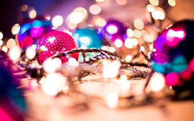 4k, purple christmas balls, glare, bokeh, purple tinsel, christmas lanterns, Happy New Year, christmas decorations, xmas balls, blue christmas backgrounds, new year concepts, Merry Christmas
