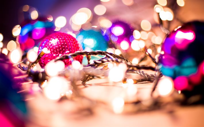 4k, purple christmas balls, glare, bokeh, purple tinsel, christmas lanterns, Happy New Year, christmas decorations, xmas balls, blue christmas backgrounds, new year concepts, Merry Christmas