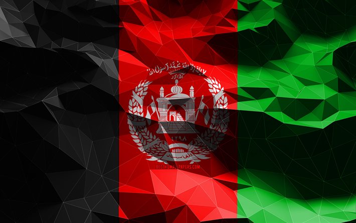 4k, bandiera afghana, arte low poly, paesi asiatici, simboli nazionali, bandiera dell&#39;Afghanistan, arte 3D, Afghanistan, Asia, bandiera 3D Afghanistan, bandiera Afghanistan